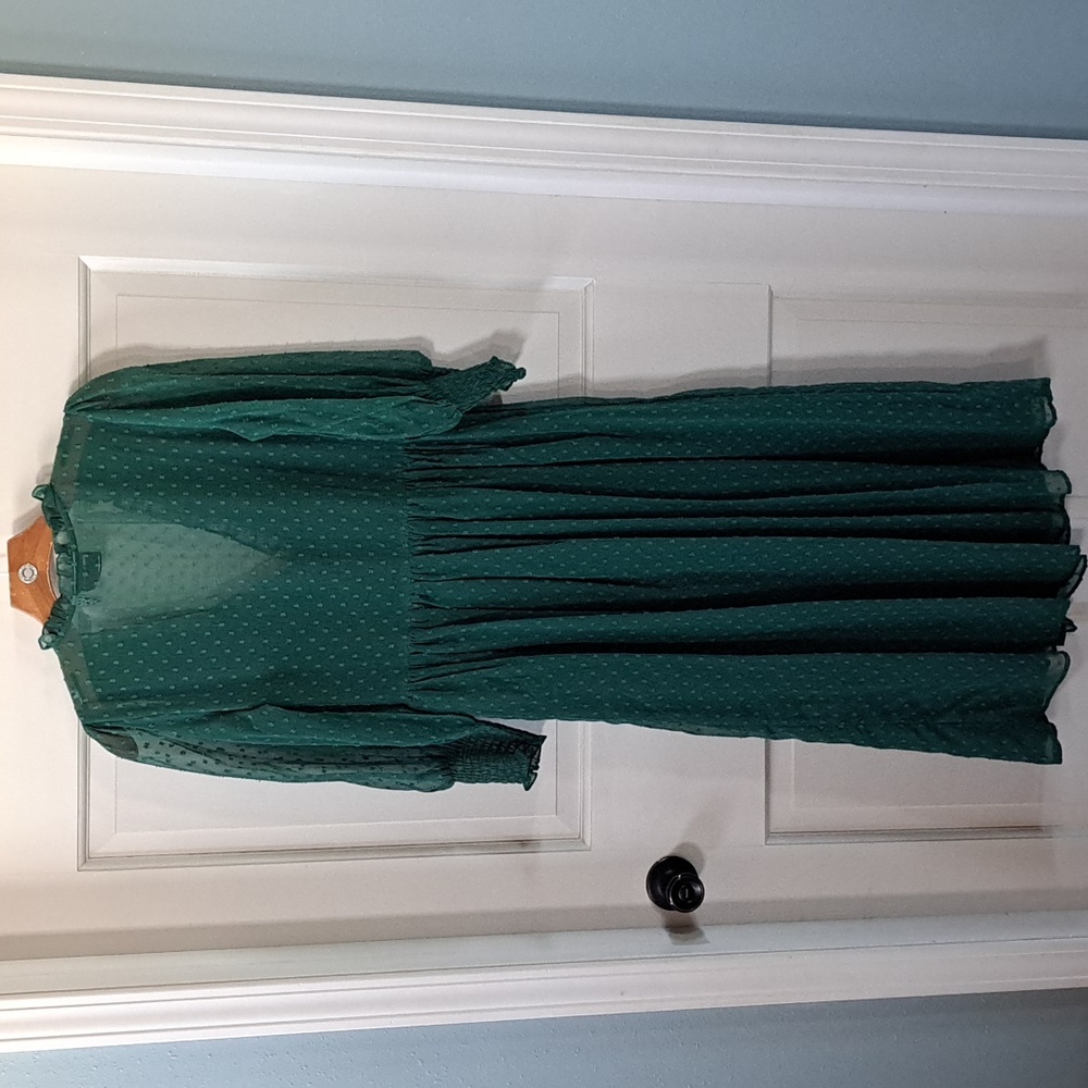 ASOS Design Emerald Green Smocked Ruffles Maxi Dress Flowy Feminine Puff Sleeves - Picture 6 of 14